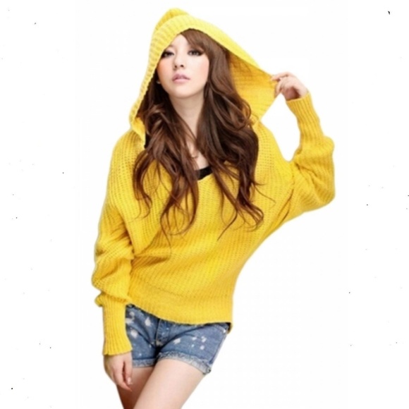 Sweaters - Yellow knit dolman sleeve hooded sweater